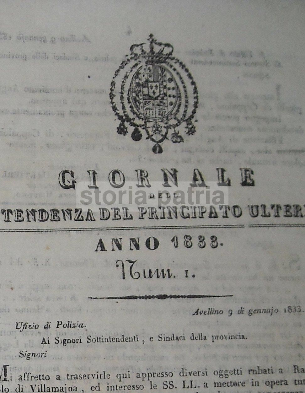 Giornale Dell'Intendenza Del Principato Ulteriore, Anno 1833, N. 1