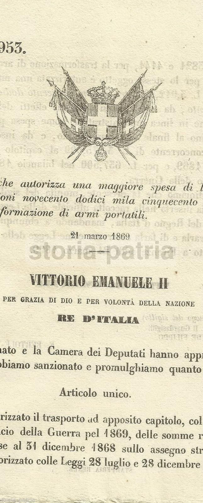 Legge Armamento 1869 Vittorio Emanuele II Stamperia Reale Italia