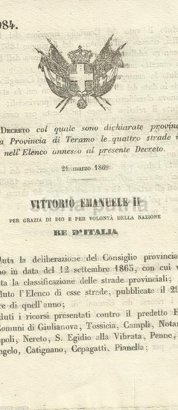 Regio Decreto 1869 Sulle Strade Provinciali Di Teramo, Penne E Pianella