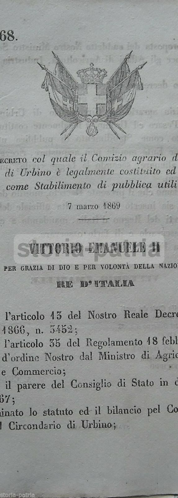 Regio Decreto Comizio Agrario Urbino Pesaro Stemma Sabaudo 1869