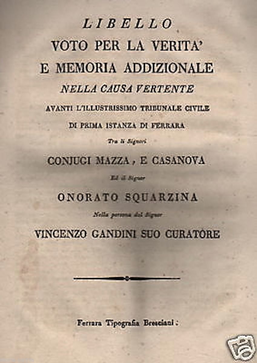 Libello Causa Mazza Casanova Squarzina, Ferrara 1823