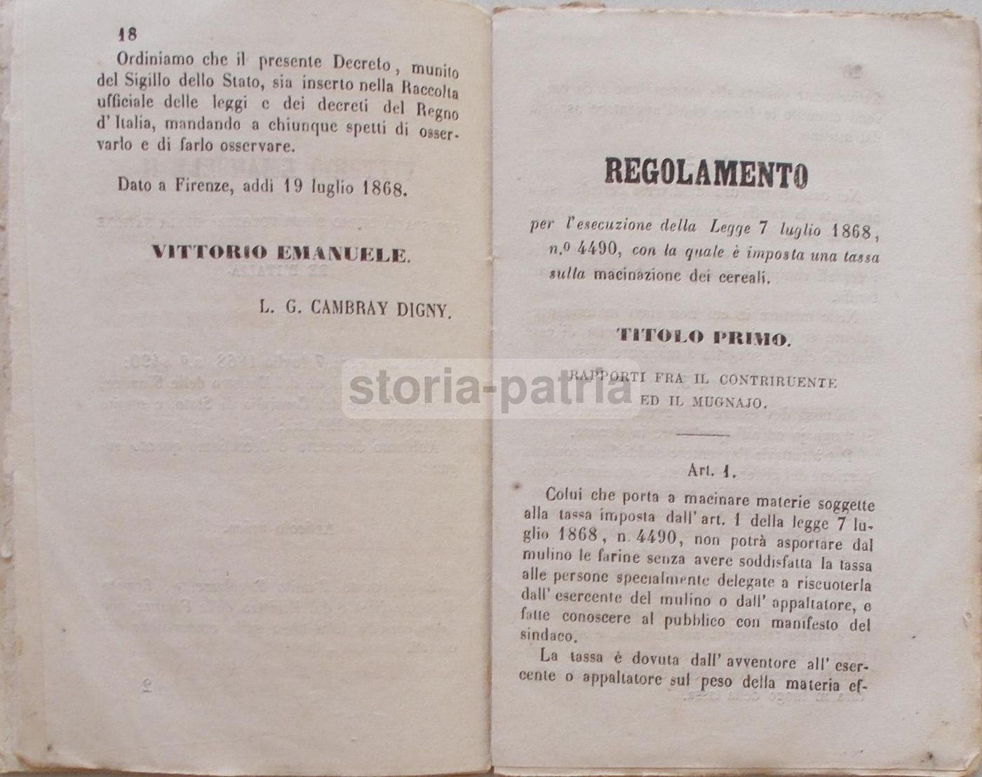 Legge Sulla Tassa Di Macinazione Dei Cereali (1868)   Pagnoni