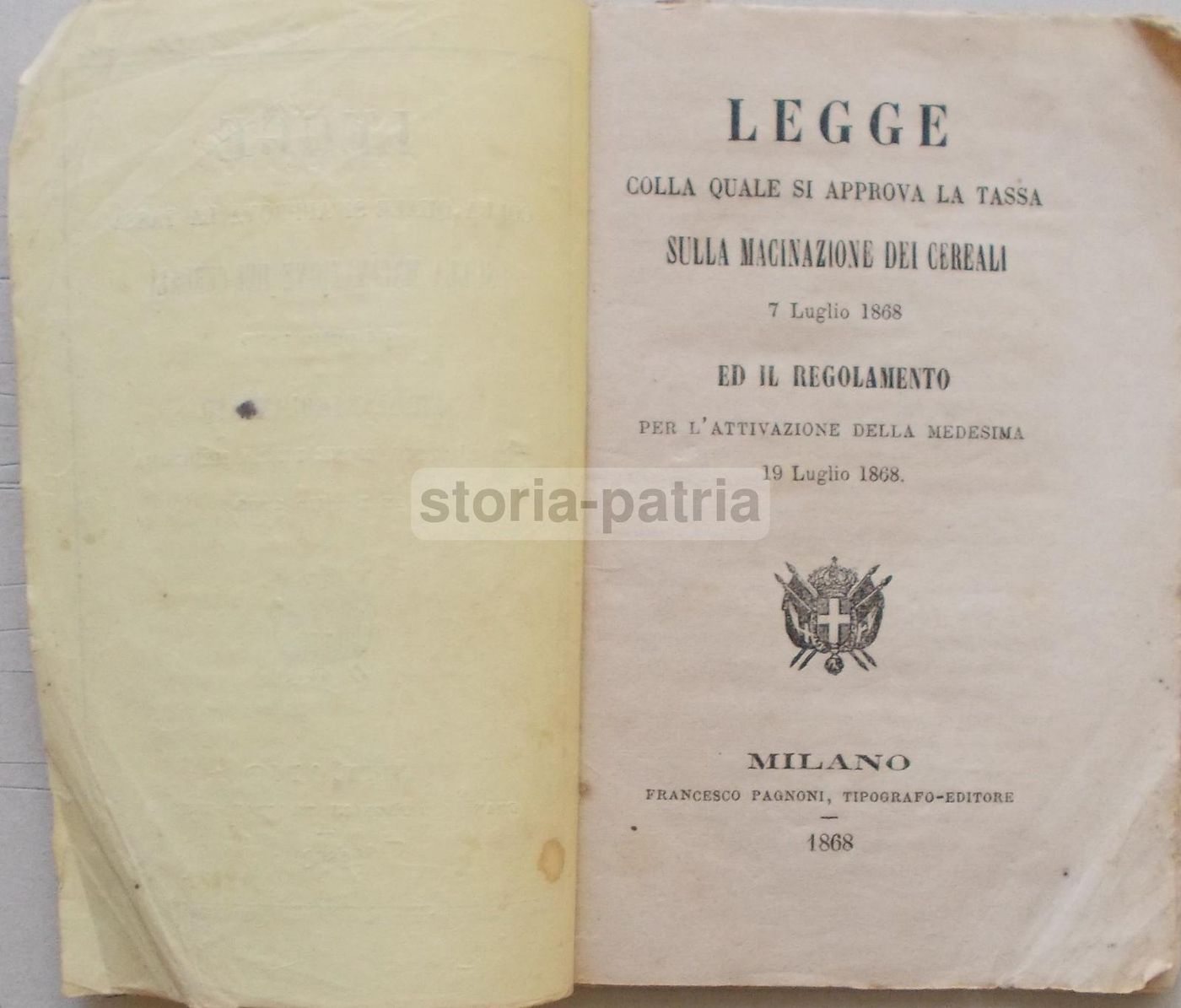Legge Sulla Tassa Di Macinazione Dei Cereali (1868)   Pagnoni