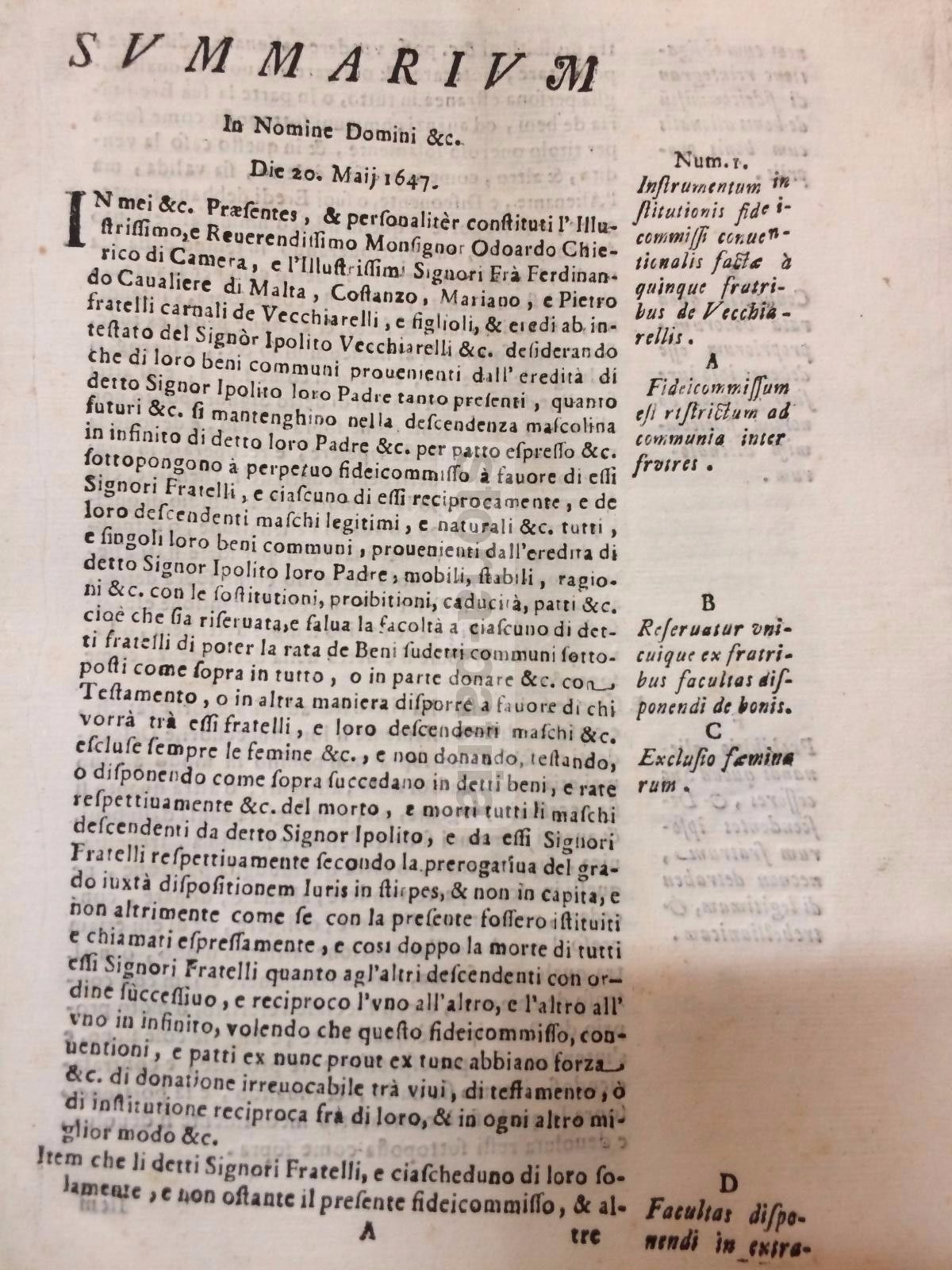 Fedecommesso Vecchiarelli, Rieti, 1727: Summarium Giuridico Notarile