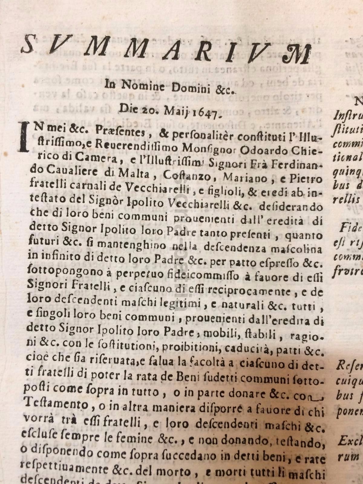 Fedecommesso Vecchiarelli, Rieti, 1727: Summarium Giuridico Notarile