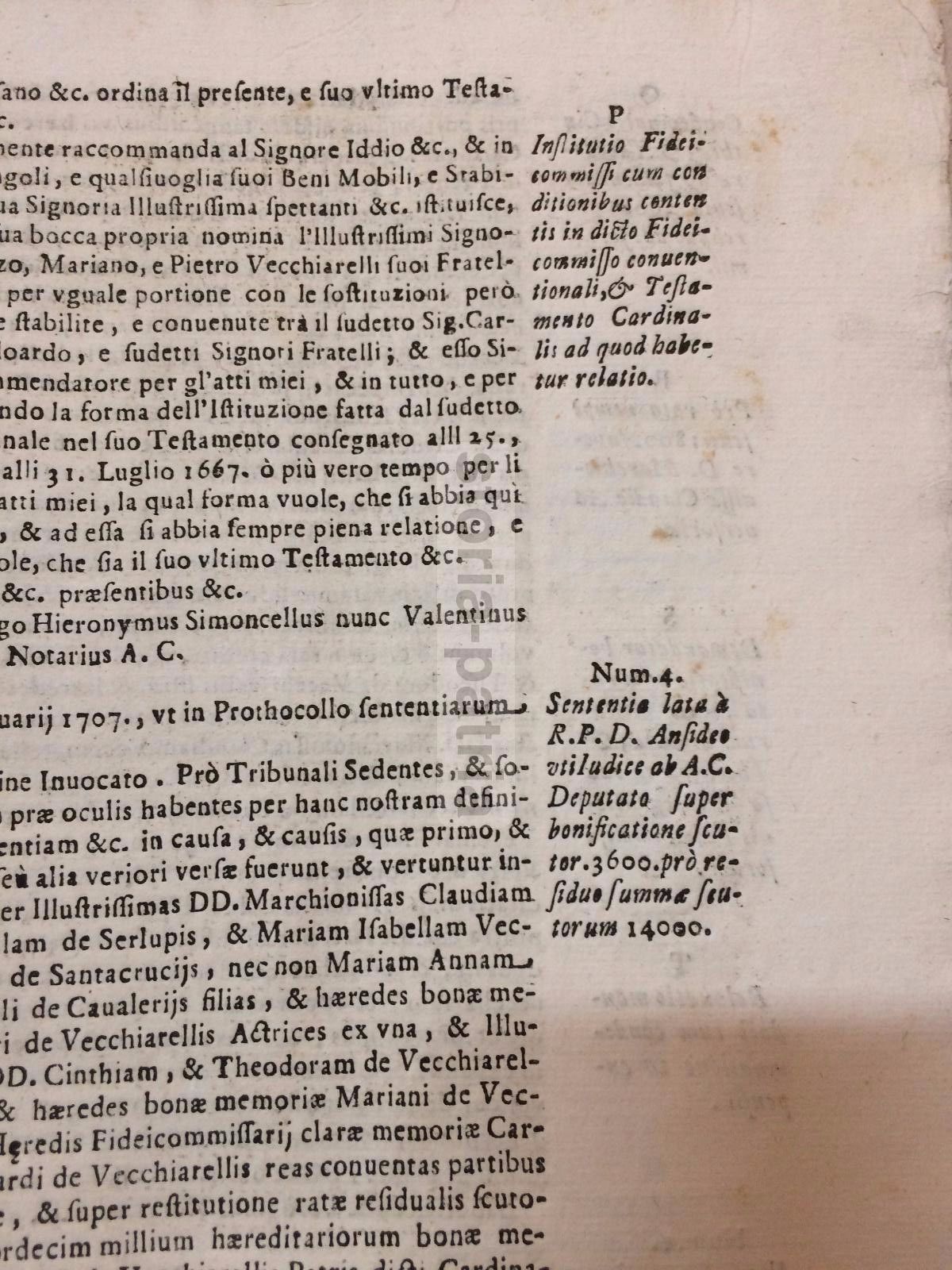 Fedecommesso Vecchiarelli, Rieti, 1727: Summarium Giuridico Notarile