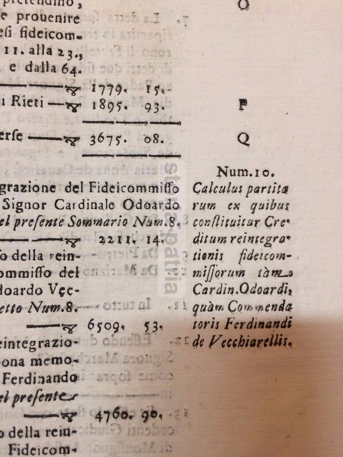 Fedecommesso Vecchiarelli, Rieti, 1727: Summarium Giuridico Notarile