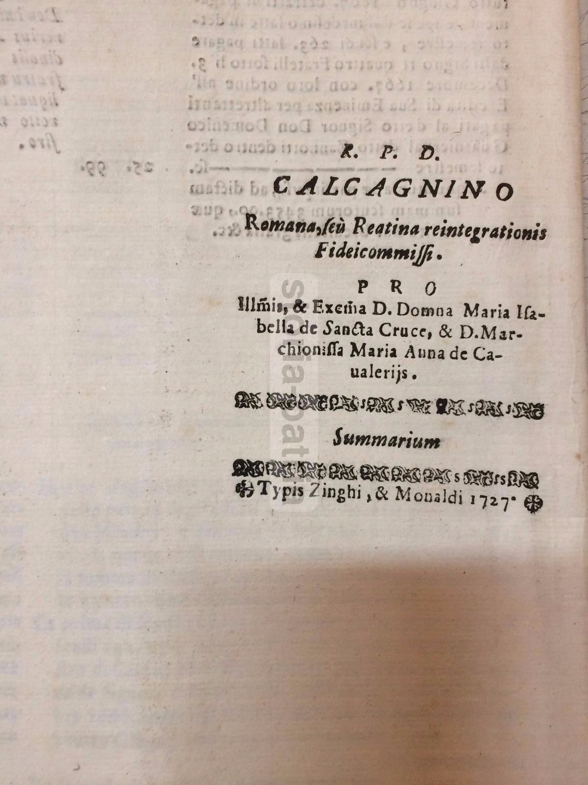 Fedecommesso Vecchiarelli, Rieti, 1727: Summarium Giuridico Notarile