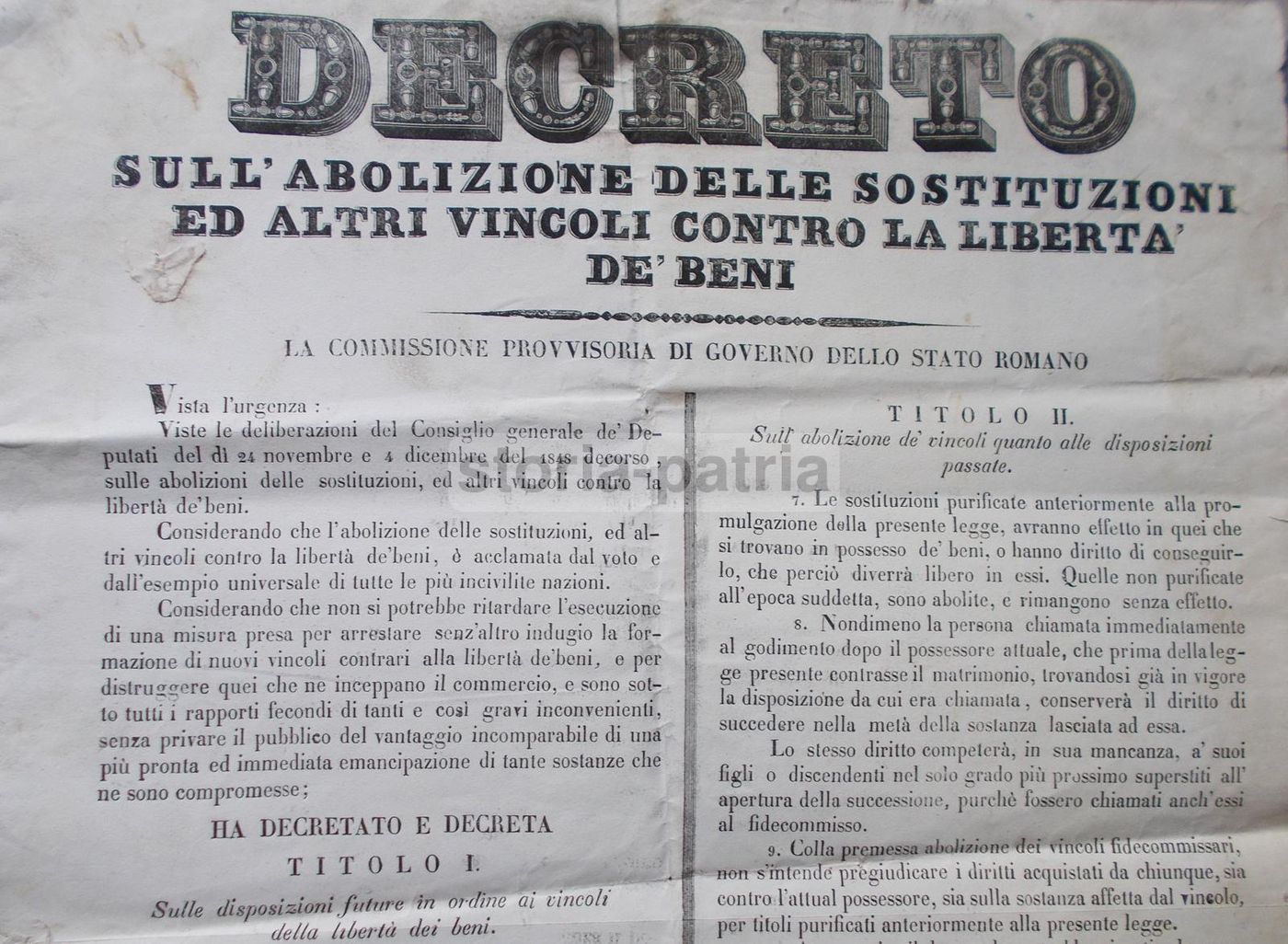 Decreto Sull'Abolizione Dei Vincoli Alla Libertà Dei Beni, Stato Romano, 1849