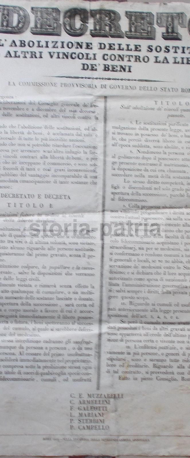 Decreto Sull'Abolizione Dei Vincoli Alla Libertà Dei Beni, Stato Romano, 1849