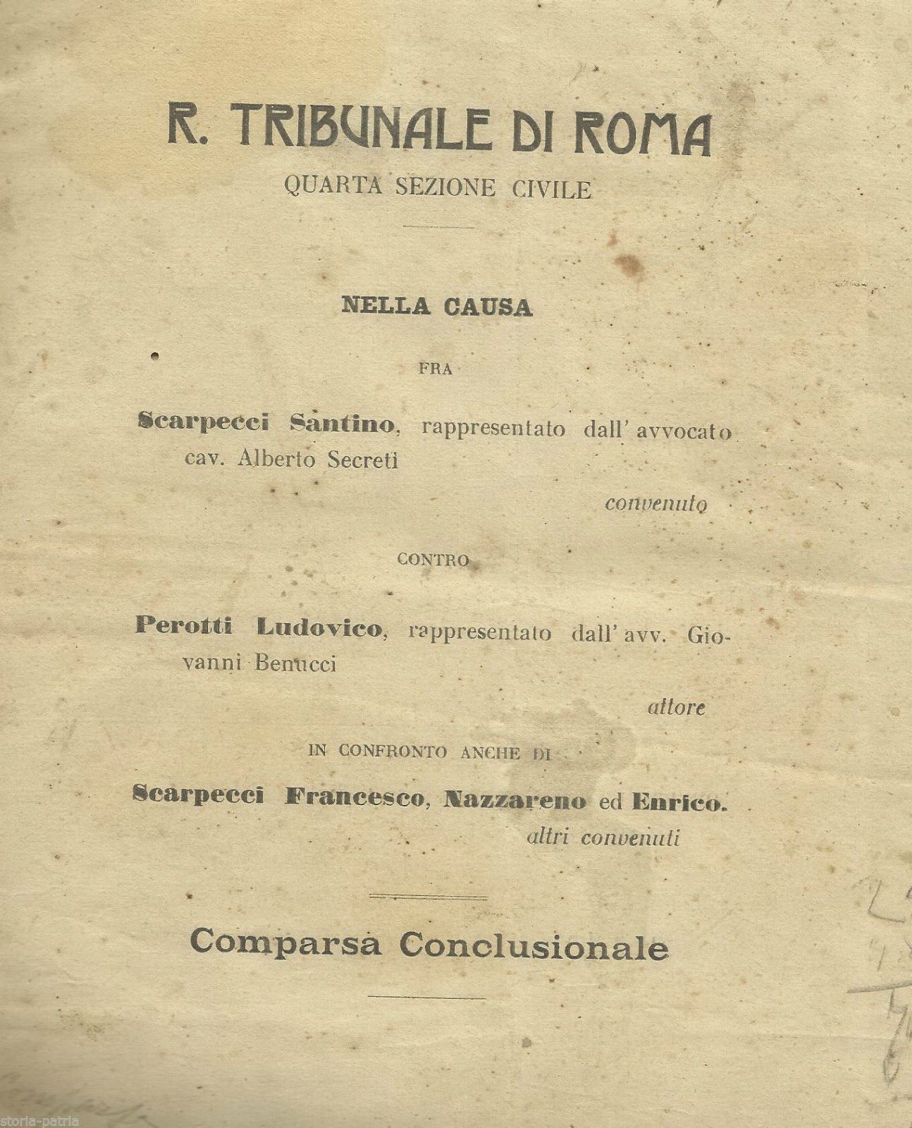 Comparsa Conclusionale Tribunale Di Roma, Causa Scarpecci Perotti, 1910