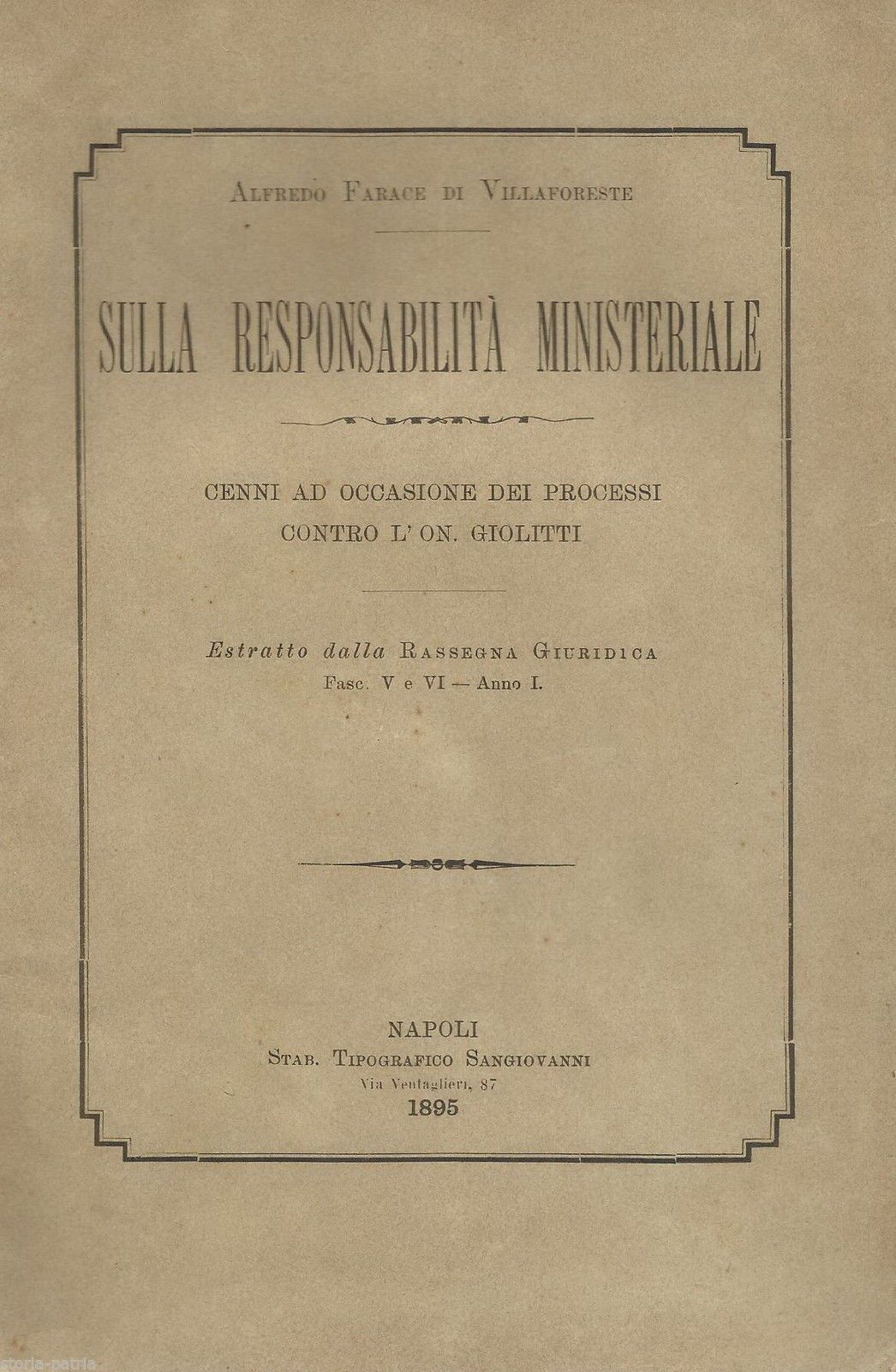 Responsabilità Ministeriale E Processi Giolitti, 1895   Farace