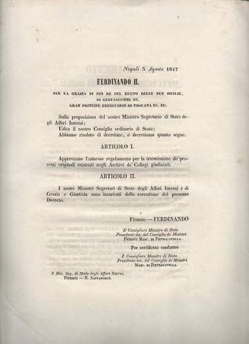 Regolamento Archivi Giudiziari, Napoli 1847, Ferdinando II Borbone
