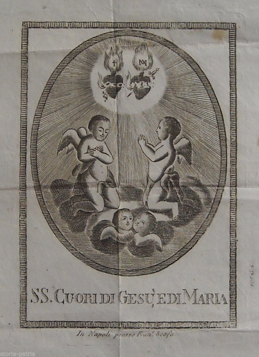 Incisione Antica Sacri Cuori Gesù E Maria, Napoli Scafa 1800