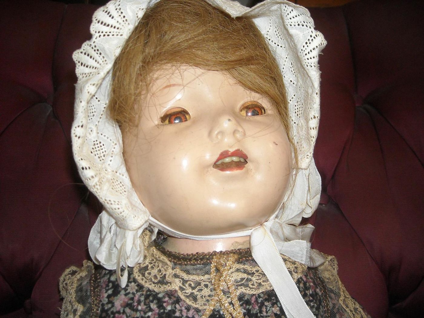 Antica Bambola d'Epoca Con Vestito E Cuffia, Anni '20, Cm 70