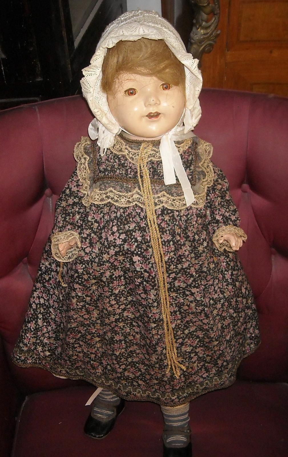 Antica Bambola d'Epoca Con Vestito E Cuffia, Anni '20, Cm 70