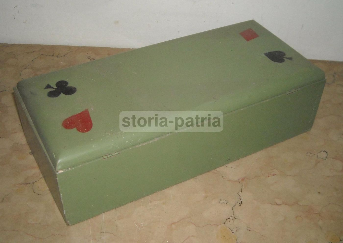Scatola In Legno Laccato Verde Con Semi Delle Carte Da Gioco, Anni '30
