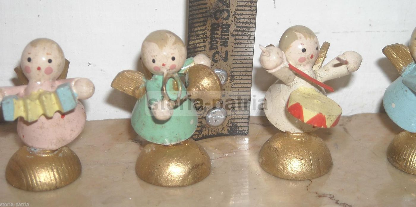 Set 6 Angeli Musicanti Miniatura Legno Laccato Italia '900