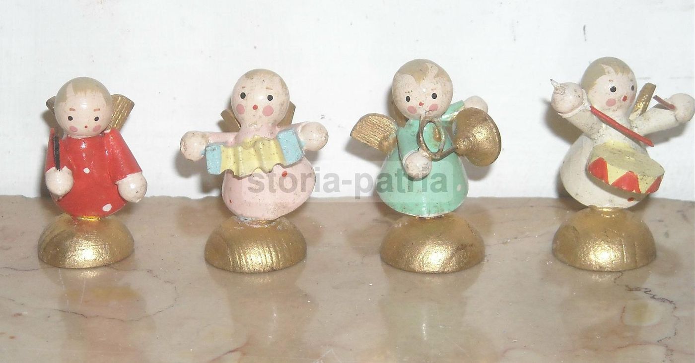 Set 6 Angeli Musicanti Miniatura Legno Laccato Italia '900