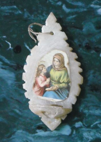 Acquasantiera Miniatura In Alabastro Con Santa Anna, Fine '800