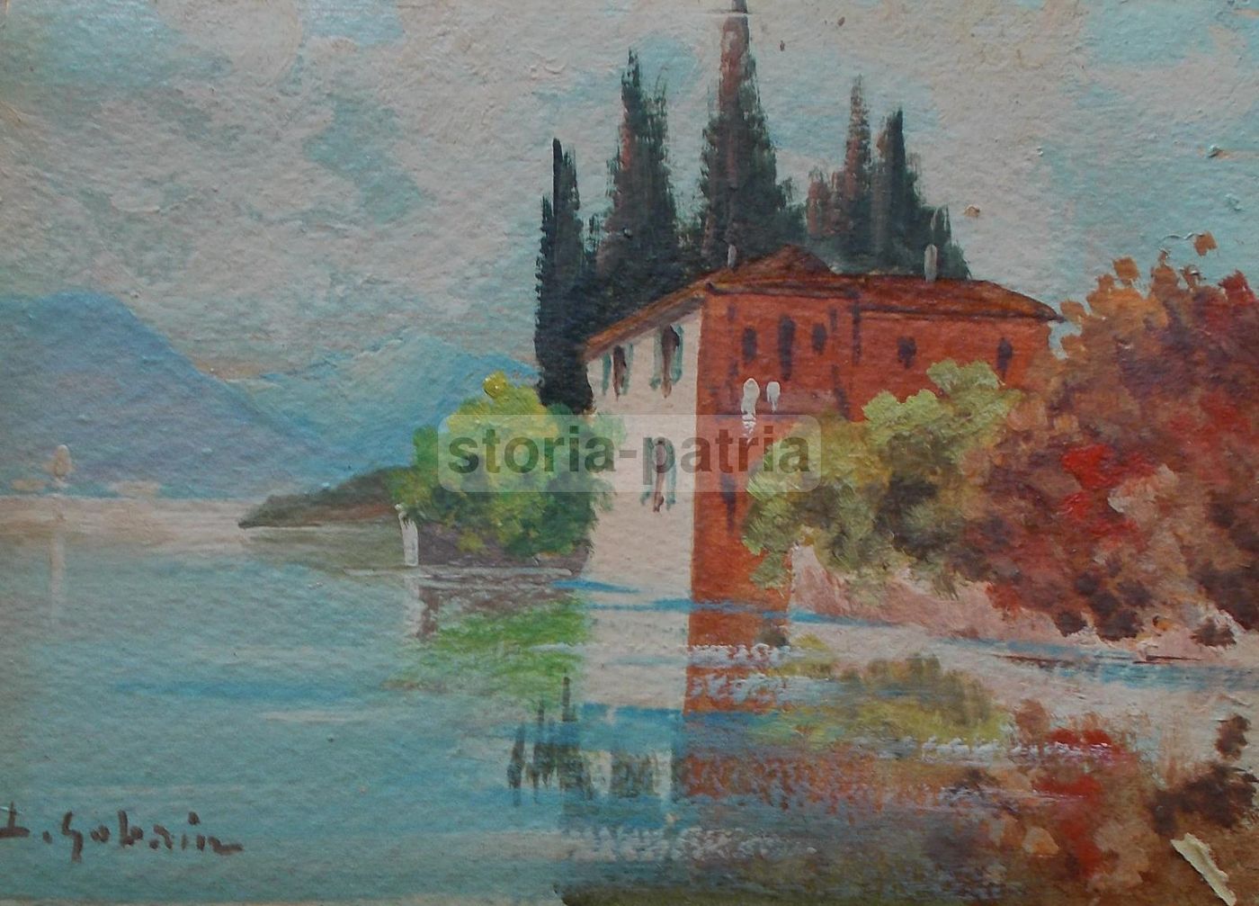 Paesaggio Lacustre Con Villa, L. Gobain, Olio Su Cartone, Anni '40 '60