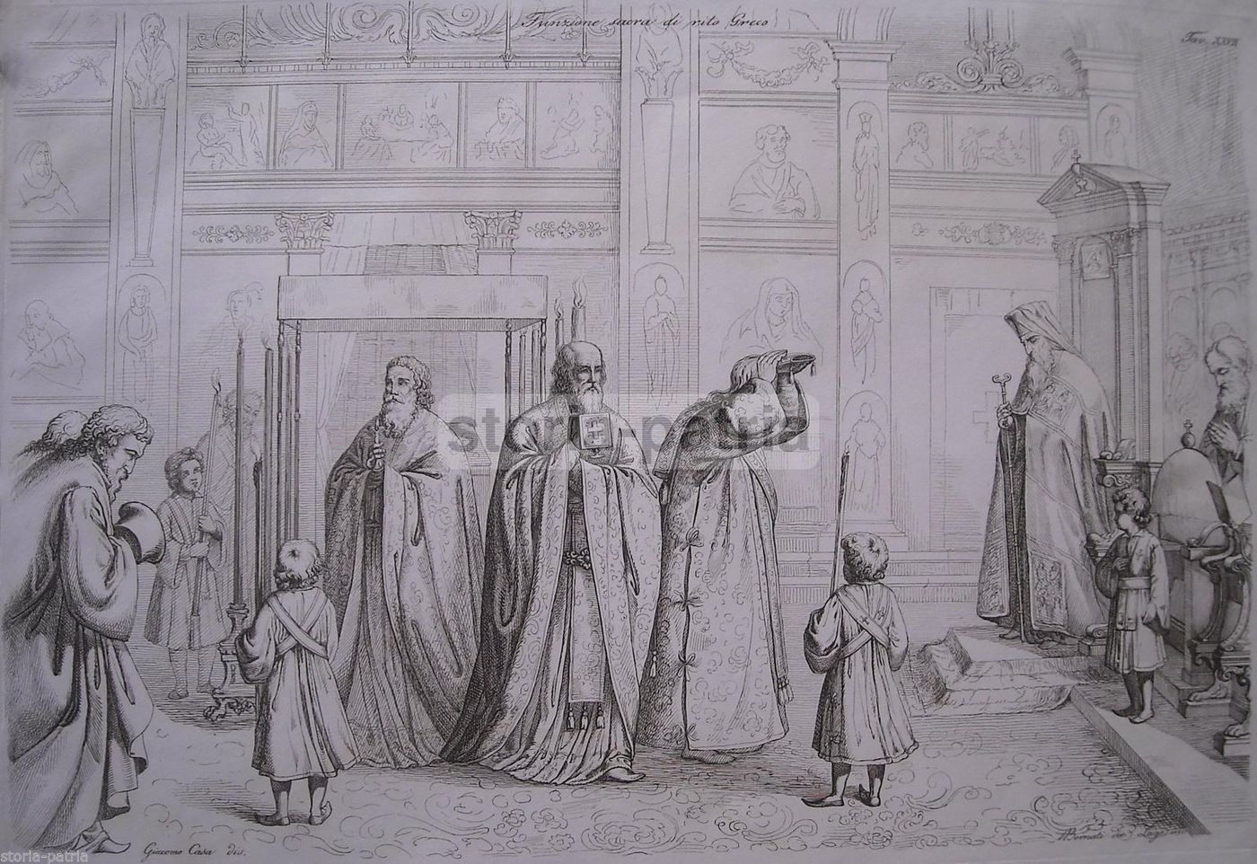 Incisione Antica: Rito Religioso Greco, Lago, Casa, Bernati, 1800