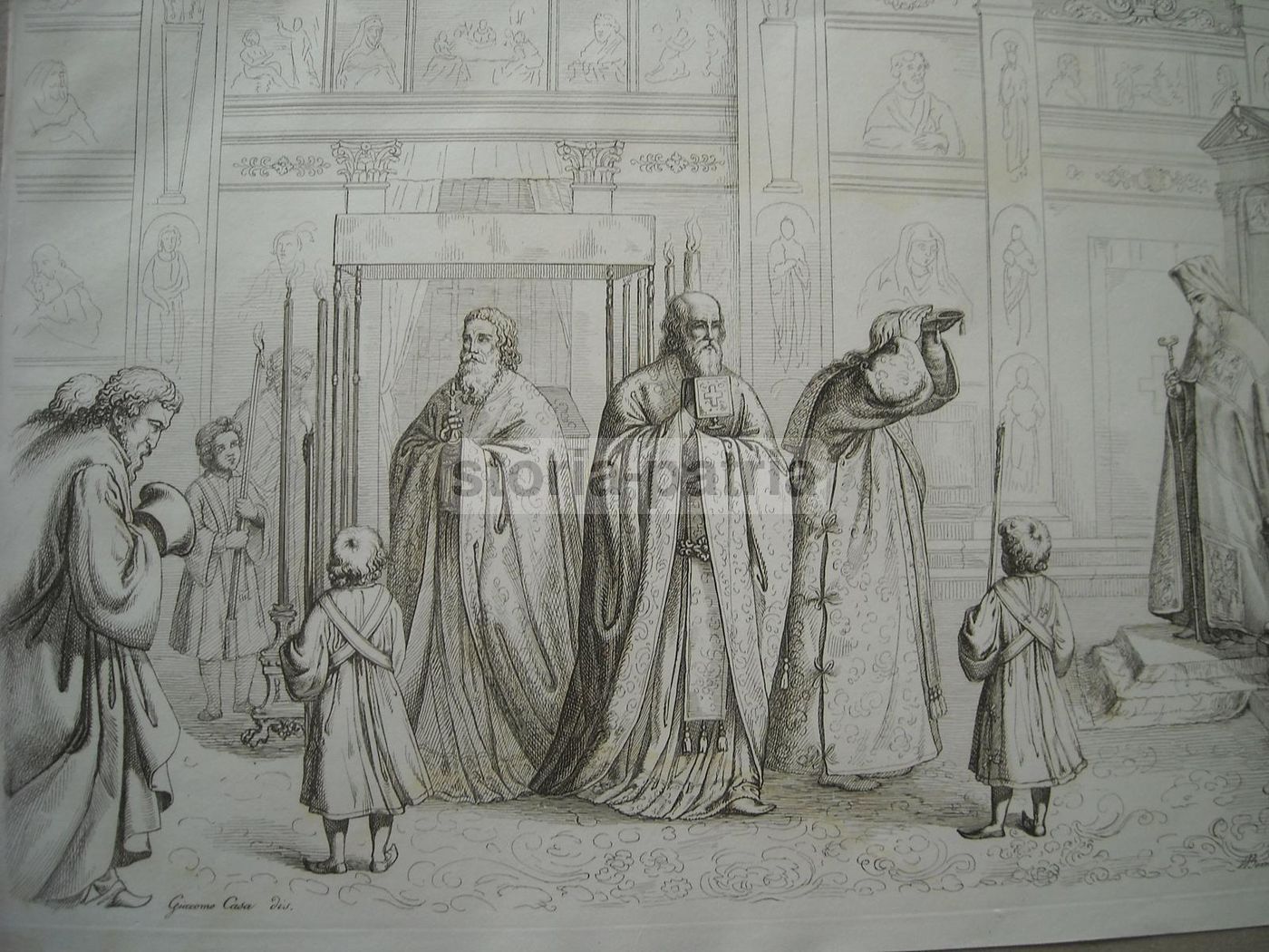 Incisione Antica: Rito Religioso Greco, Lago, Casa, Bernati, 1800