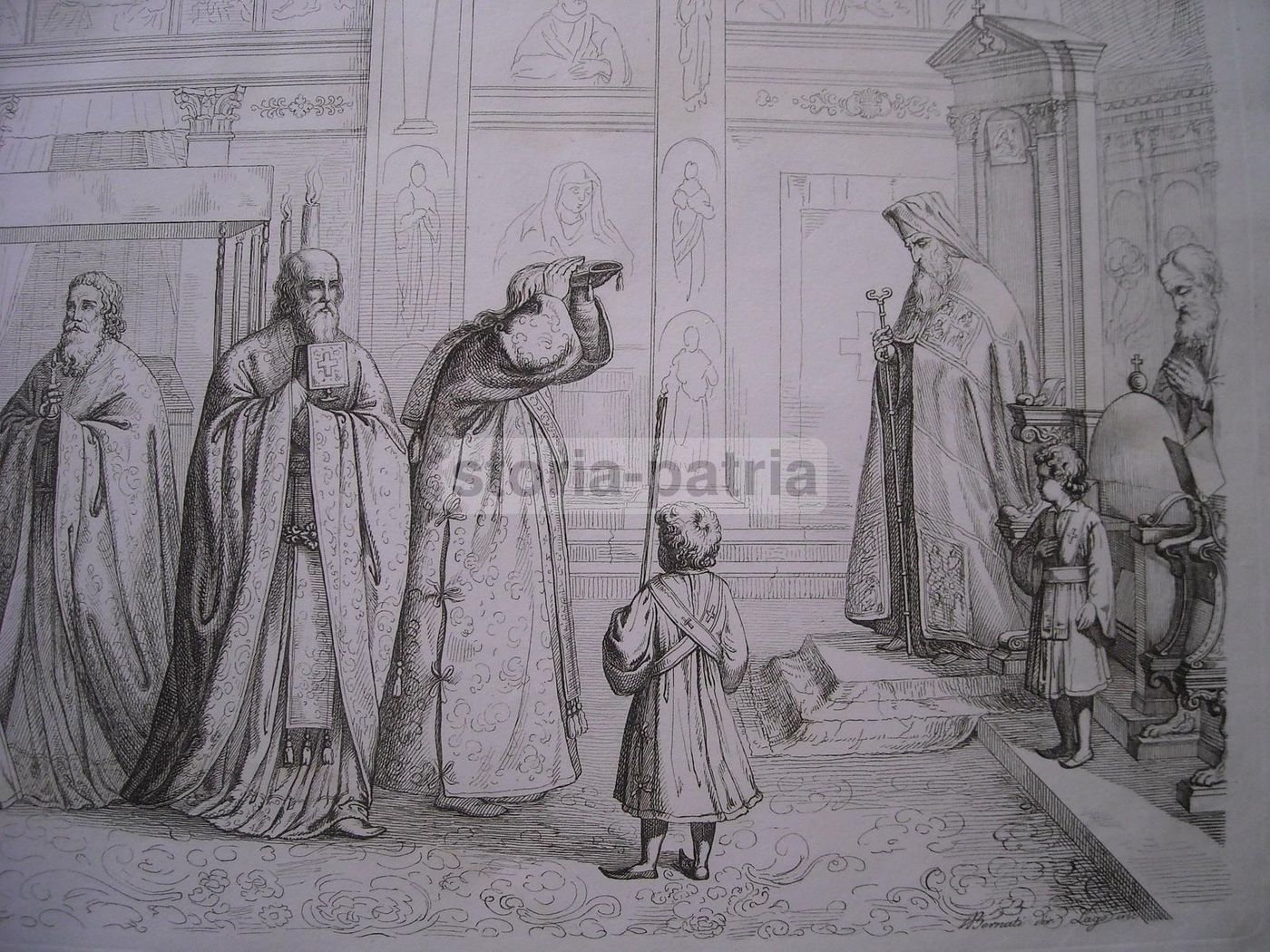 Incisione Antica: Rito Religioso Greco, Lago, Casa, Bernati, 1800