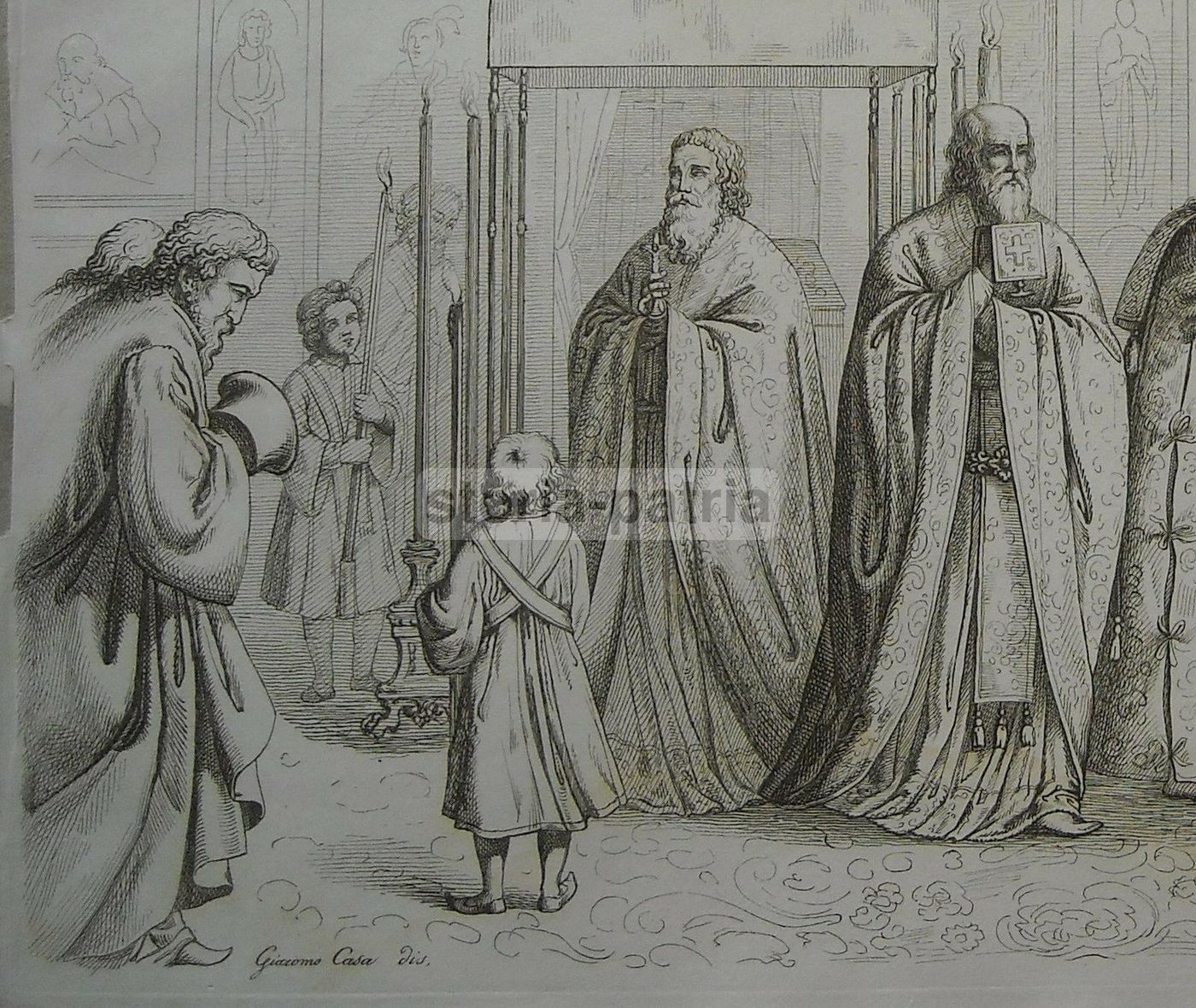 Incisione Antica: Rito Religioso Greco, Lago, Casa, Bernati, 1800