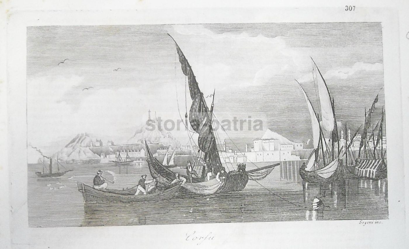 Incisione Antica Corfù, Grecia 1840: Veduta Porto, Barche, Segoni