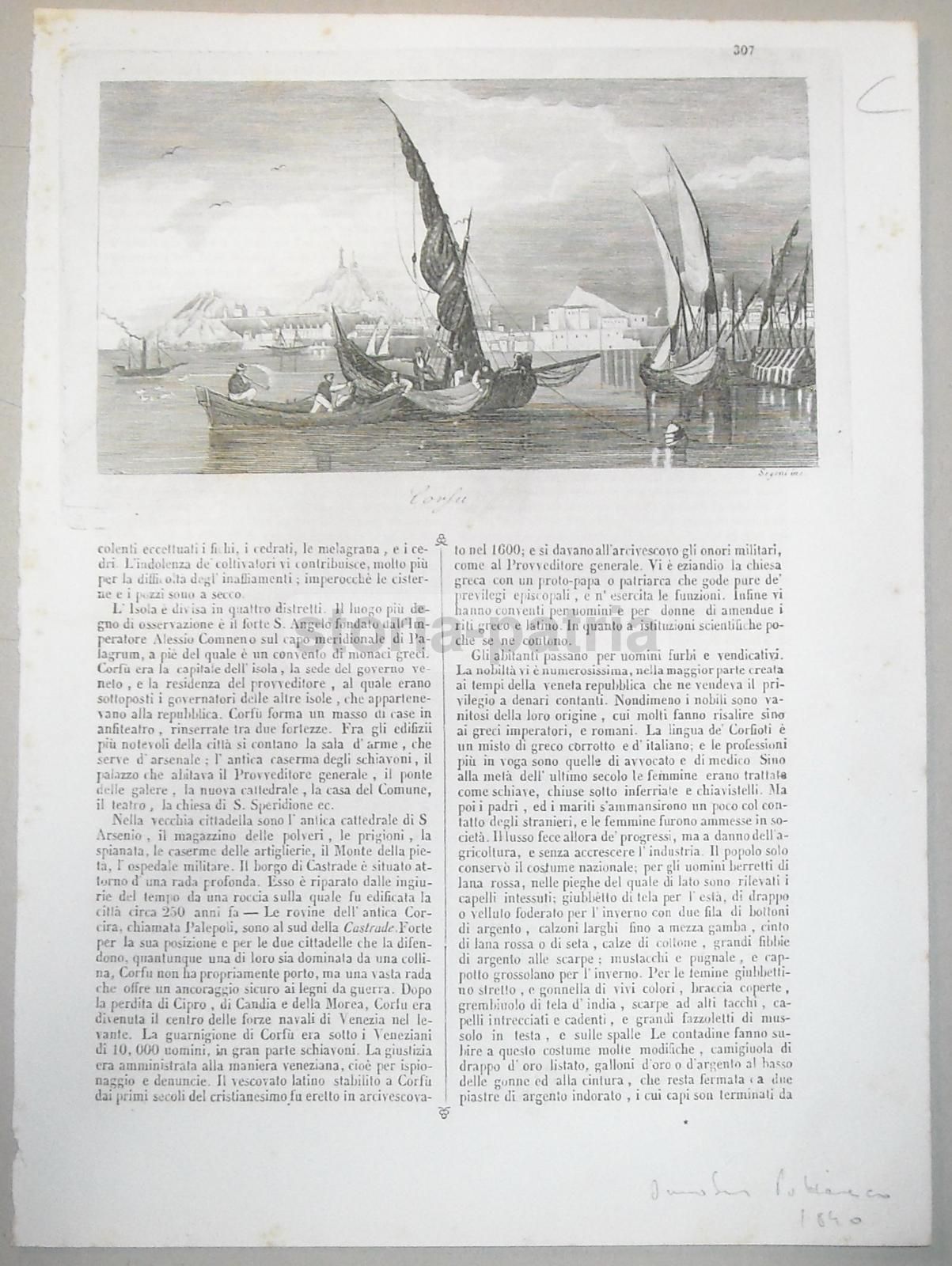 Incisione Antica Corfù, Grecia 1840: Veduta Porto, Barche, Segoni