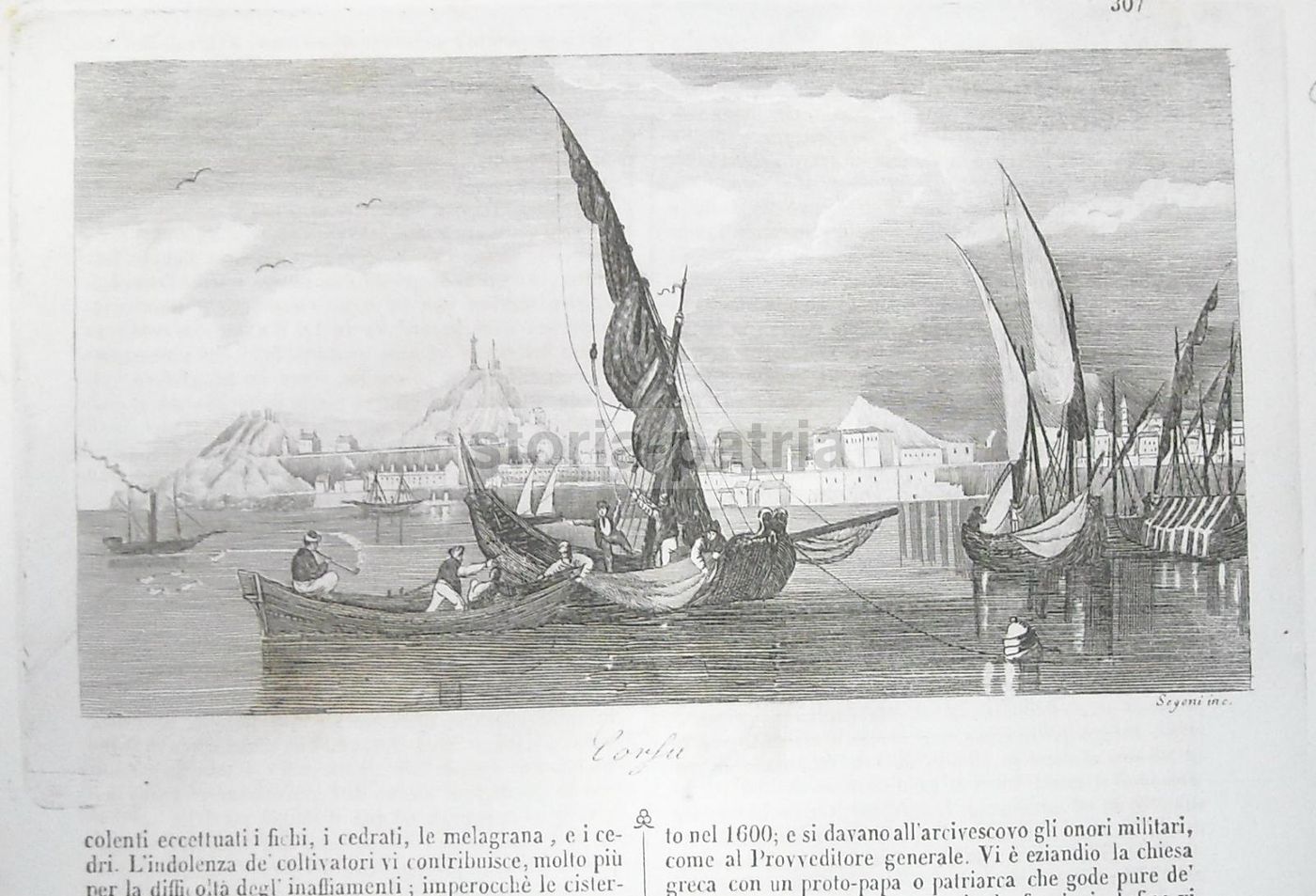Incisione Antica Corfù, Grecia 1840: Veduta Porto, Barche, Segoni