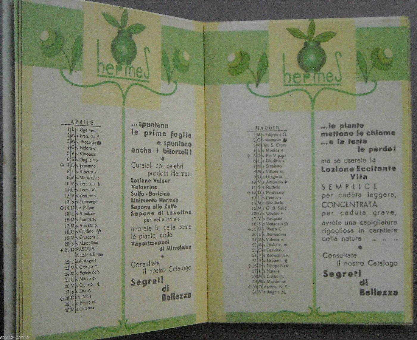 Calendarietto Hermes 1935, Profumo Al Giacinto, Milano, Pubblicità