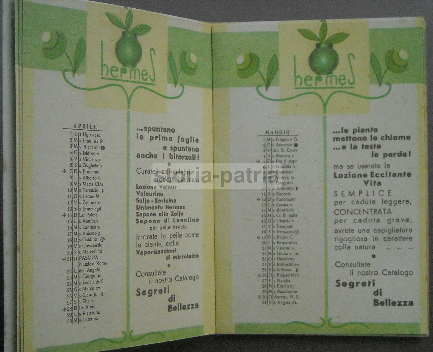 Calendarietto Hermes 1935, Profumo Al Giacinto, Milano, Pubblicità