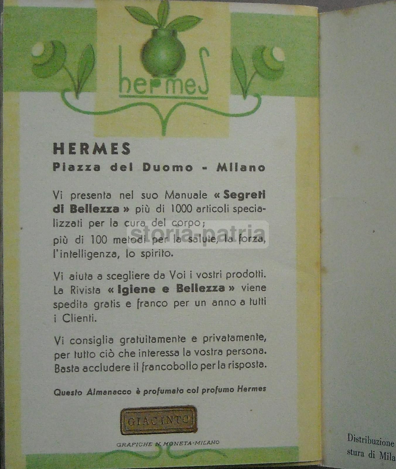 Calendarietto Hermes 1935, Profumo Al Giacinto, Milano, Pubblicità