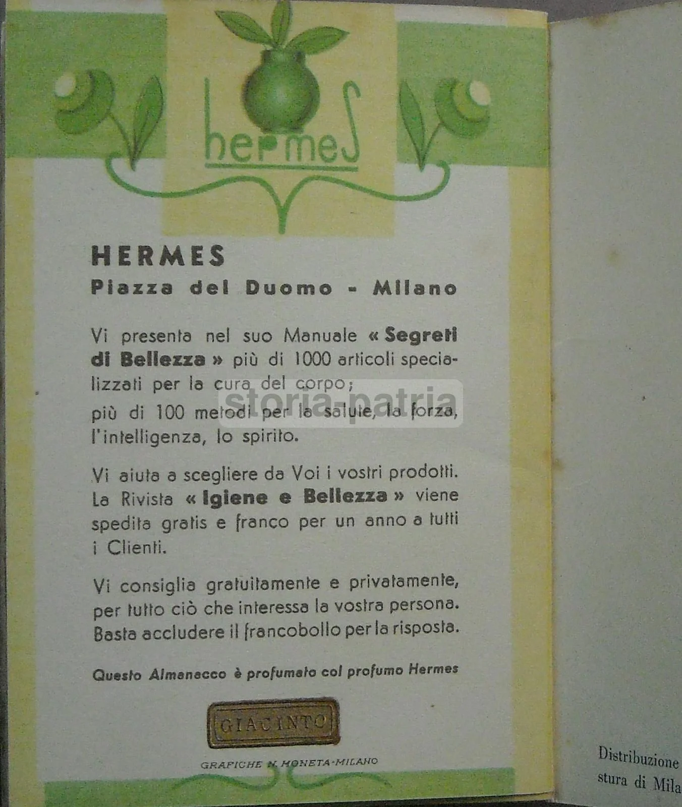 Hermes 1935 Pocket Calendar, Hyacinth Perfume, Milan, Advertising