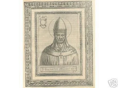 Pope Damasus I: Antique 16th-Century Engraving with Portrait and Heraldry