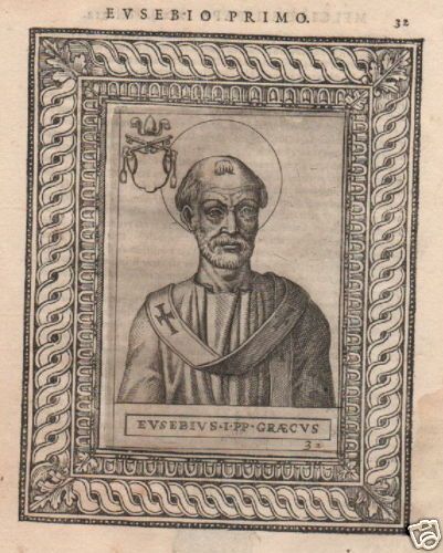 Papa Eusebio I: Incisione Antica Originale Della Fine Del XVI Secolo (acquaforte E Xilografia)