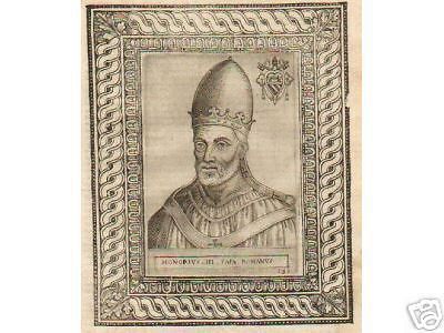 Onorio III Papa. Incisione Originale All'Acquaforte, Fine '500
