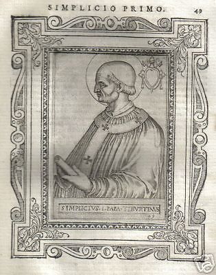 Papa Simplicio I, Incisione Originale All'Acquaforte, Fine XVI Secolo