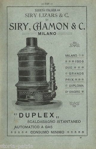 Pubblicità Antica Siry Chamon Lampade Scaldabagni Milano 1907