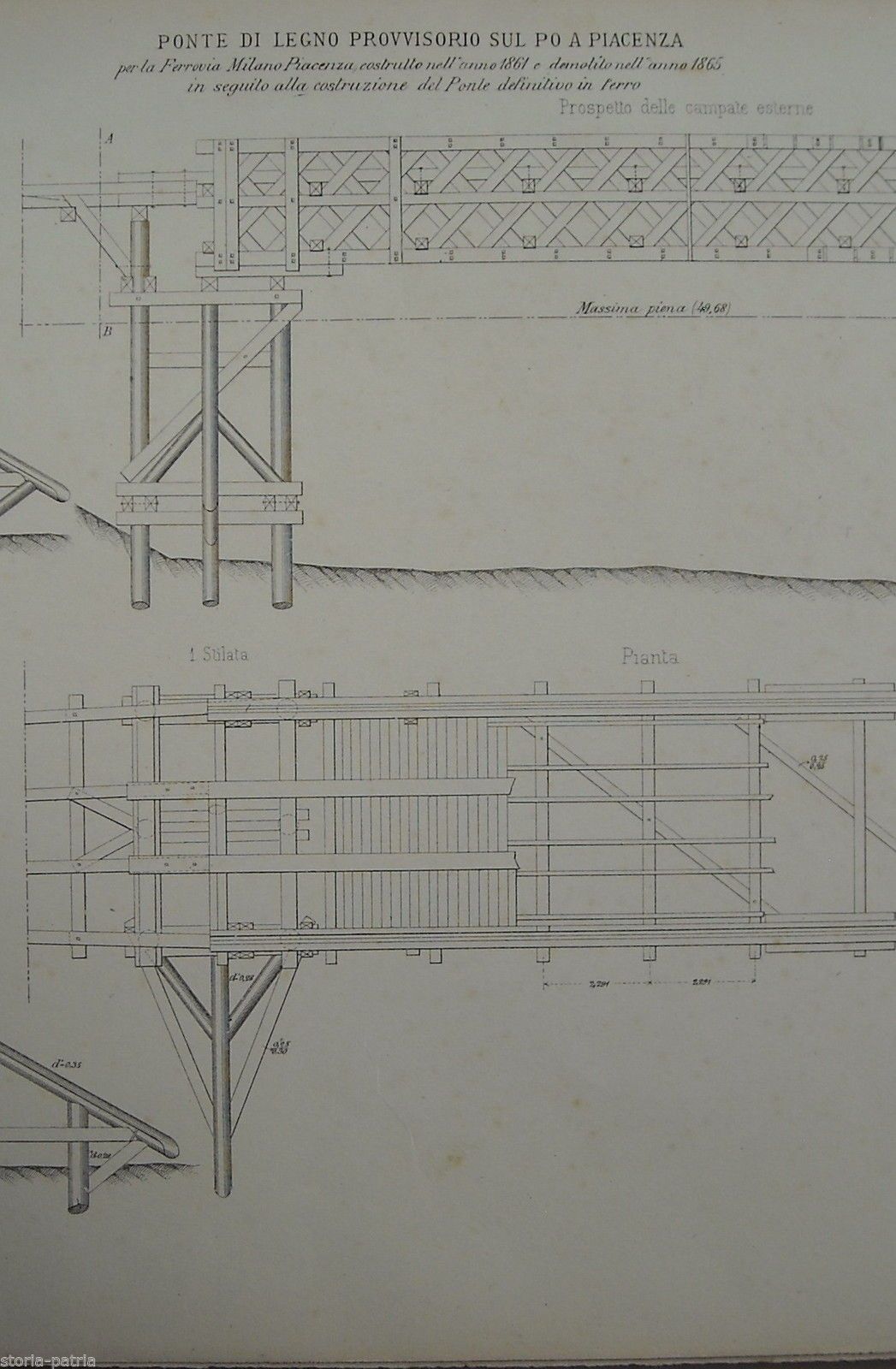 Ponte Di Legno Della Ferrovia Milano Piacenza Sul Po (1861): Tre Tavole Litografiche Originali