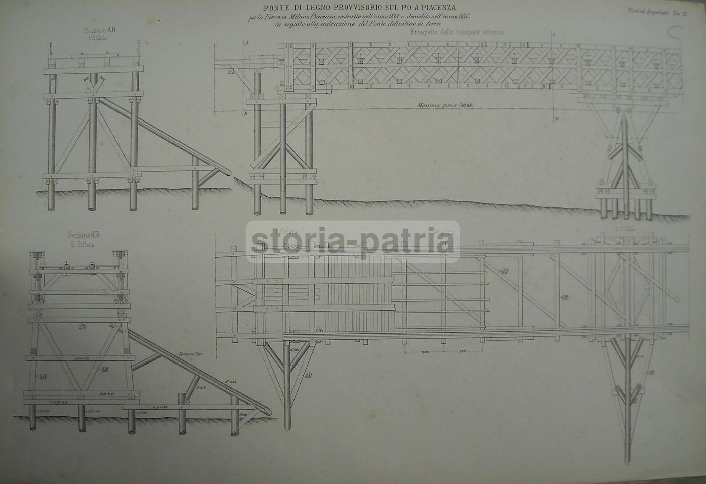 Ponte Di Legno Della Ferrovia Milano Piacenza Sul Po (1861): Tre Tavole Litografiche Originali