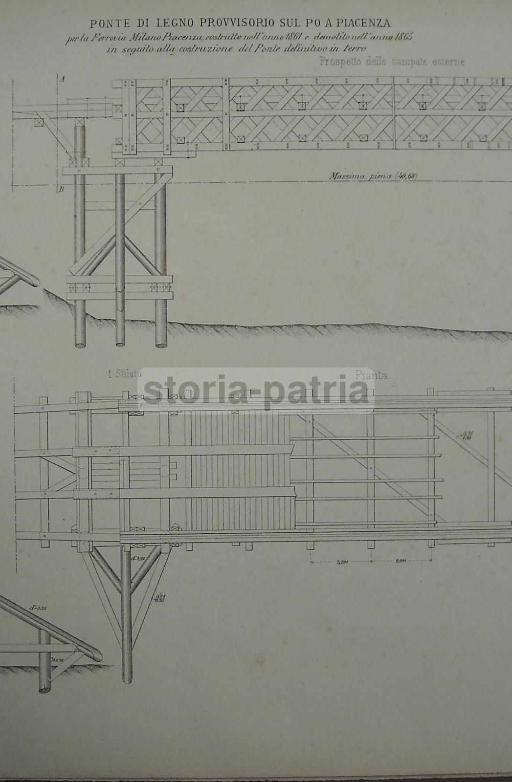Ponte Di Legno Della Ferrovia Milano Piacenza Sul Po (1861): Tre Tavole Litografiche Originali