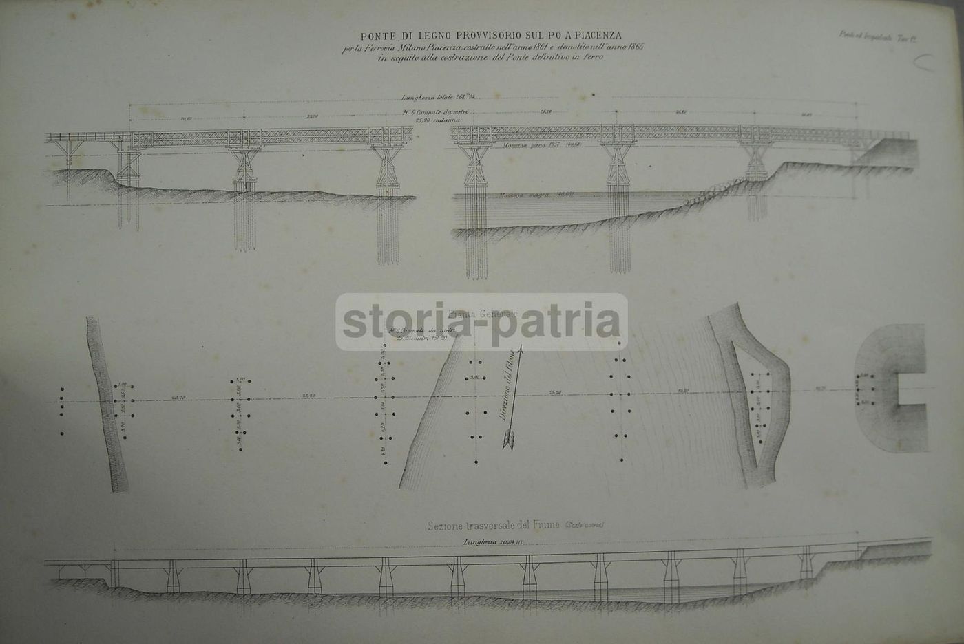 Ponte Di Legno Della Ferrovia Milano Piacenza Sul Po (1861): Tre Tavole Litografiche Originali