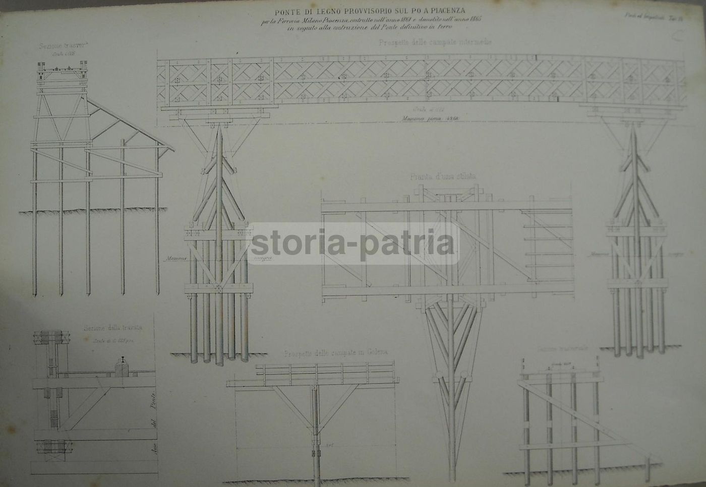 Ponte Di Legno Della Ferrovia Milano Piacenza Sul Po (1861): Tre Tavole Litografiche Originali