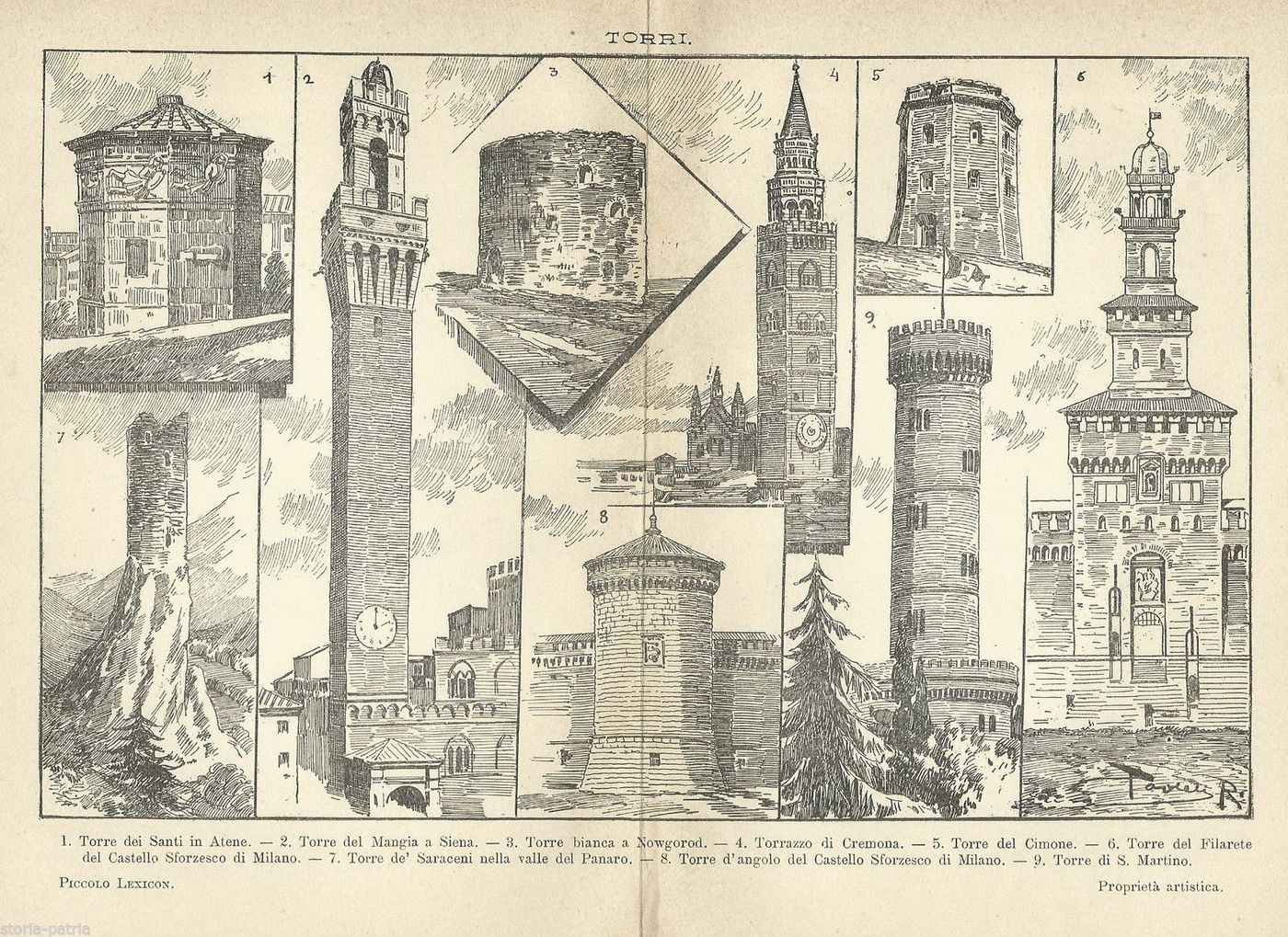 Stampa Antica Torri Storiche Italiane E Internazionali (Siena, Cremona, Milano, Atene)