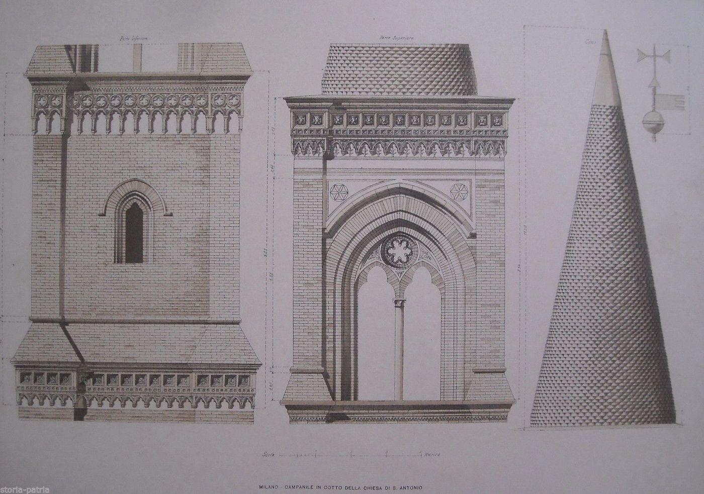 Campanile Della Chiesa Di Sant'Antonio A Milano, Stampa Architettonica Anni '20
