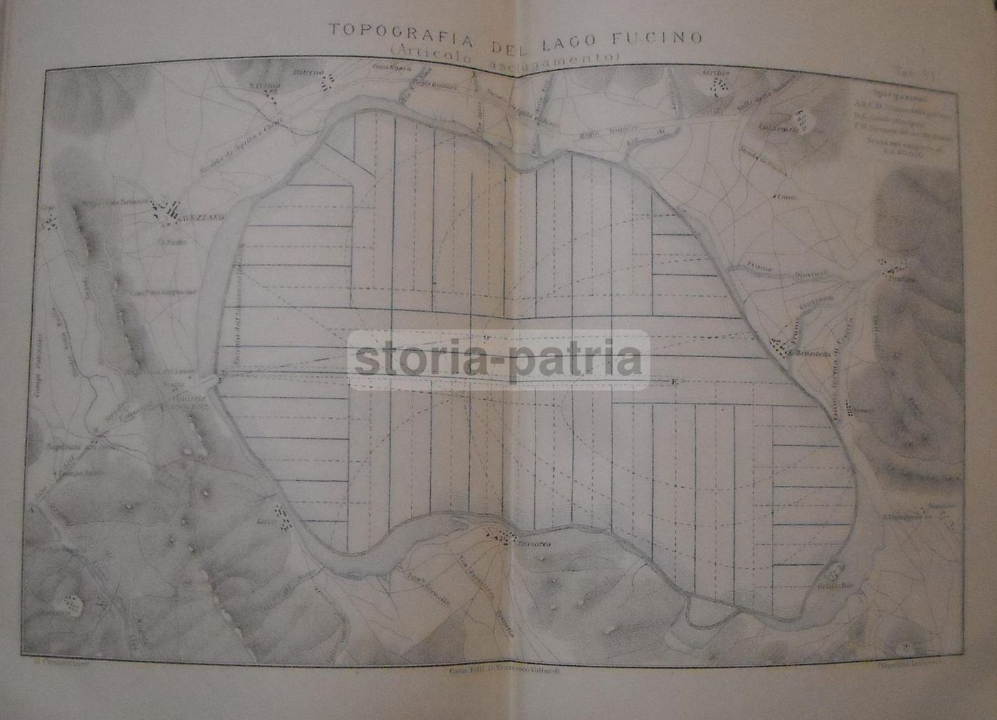 Mappa Topografica Lago Fucino Avezzano Abruzzo Fine '800 Vallardi