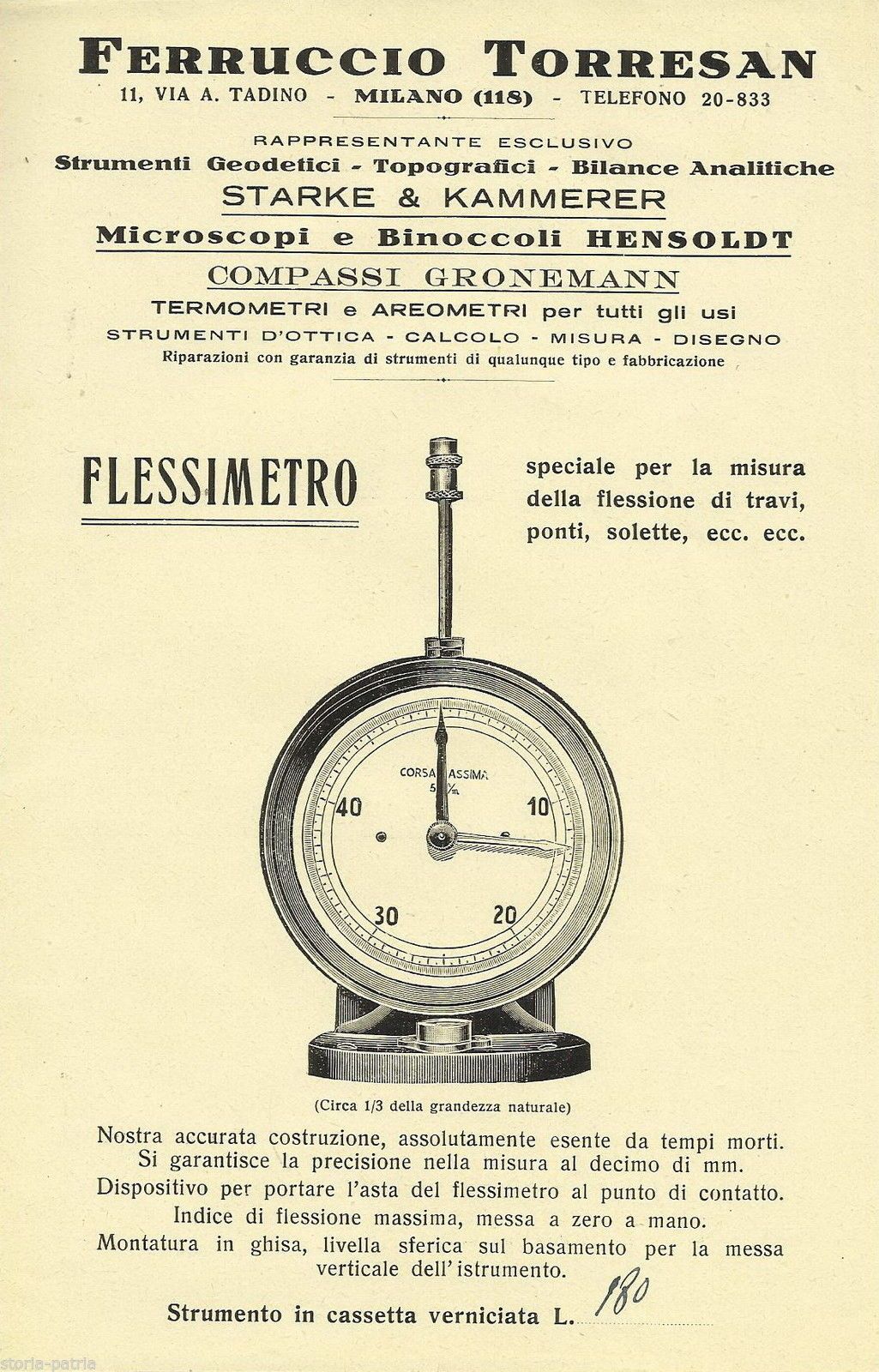 Flessimetro Ferruccio Torresan Milano: Antico Foglio Pubblicitario